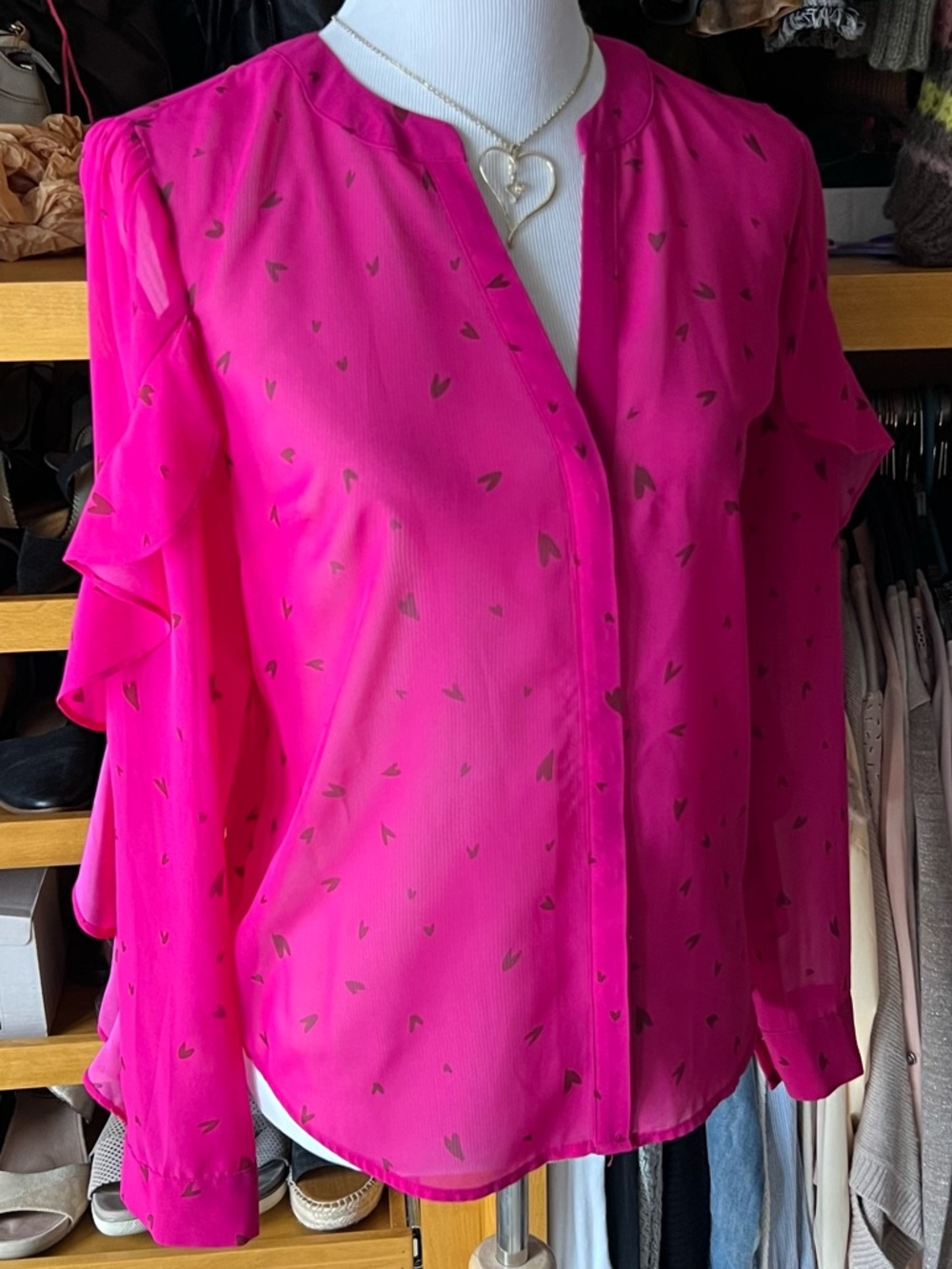 BAR III Women’s Fuschia Pink Ruffle Sleeve Button-Down Blouse-M